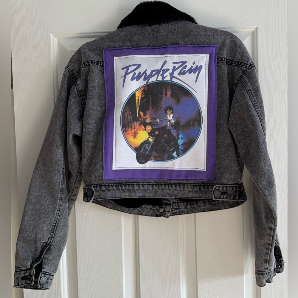 PRINCE Purple Rain Custom Upcycled Faux Fur Collar Black Denim Crop Jacket Sz S